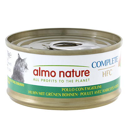 Scatola di cibo umido completo per gatti Almo Nature HFC, marca AGRIAPPIA, 70g, con carne e ingredienti naturali visibili.