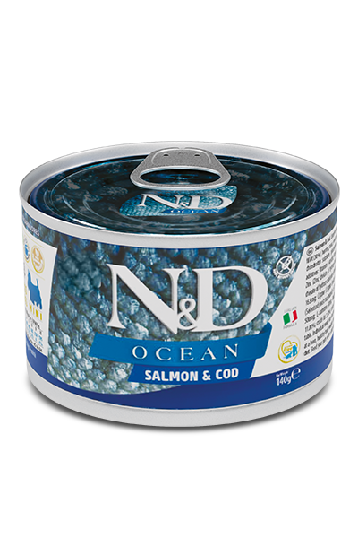 Cibo umido per cani adult mini con salmone e merluzzo della linea Ancestral Ocean di AGRIAPPIA, confezione da 140g