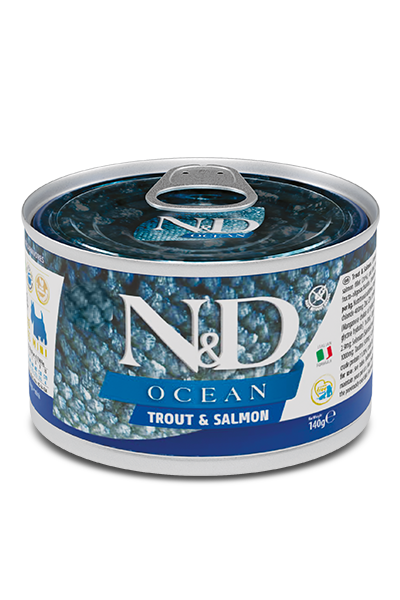 Cibo umido per cani AGRIAPPIA Farmina Trota e Salmone Adult Mini in scatola da 140g, con trota e salmone naturali
