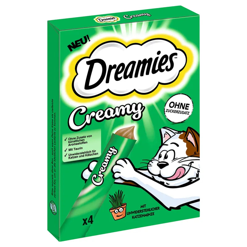 Crocchette per gatti Catisfactions Dreamies Creamy Erba Gatta di AGRIAPPIA, snack morbido con erba gatta, in confezione aperta