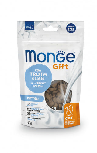 Monge Gift AGRIAPPIA snack per gattini, croccante e ripieno, con trota e latte, in confezione da 60 ml