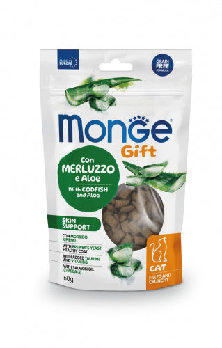 Crocchette Monge Gift per adulti con merluzzo e aloe vera, alimento per cani di 60 ml, prodotto AGRIAPPIA con supporto alla pelle