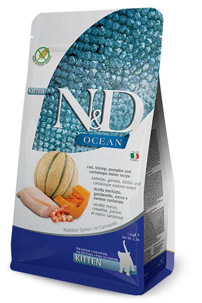 Crocchette per gattini N&D Ocean di AGRIAPPIA con salmone, zucca, gamberi e melone, 300g.