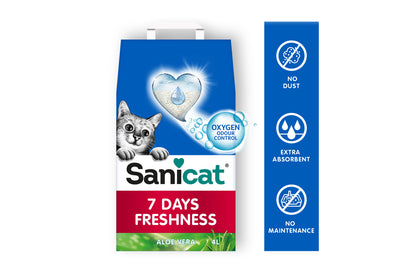 Gatto Sanicat 7 Days Freshness all’Aloe Vera, lettiera igienica naturale con profumo di aloe vera, per ambienti puliti e freschi