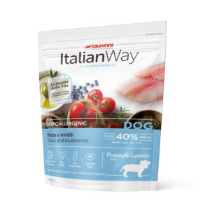 Crocchette per cuccioli mini ItalianWay Trota e mirtilli di AGRIAPPIA, alimento ipoallergenico con trota e mirtilli.