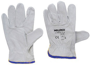 Guanti in bovino bianco Maurer, numero 9, per lavori agricoli o industriali, mostrati in primo piano sullo sfondo neutro.