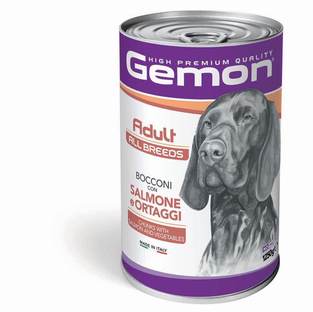 Crocchette Gemon All Breeds Adult con Salmone e Ortaggi, cibo per cani di tutte le razze, in confezione da 1250g.
