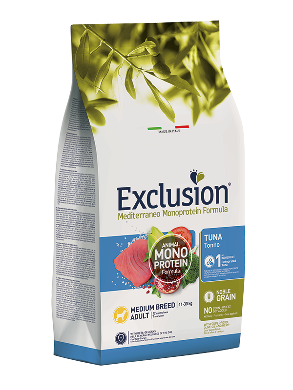 Cibo per cani AGRIAPPIA Exclusion Mediterraneo Noble Grain, tonno per cani adulti di taglia media, confezione con crocchette
