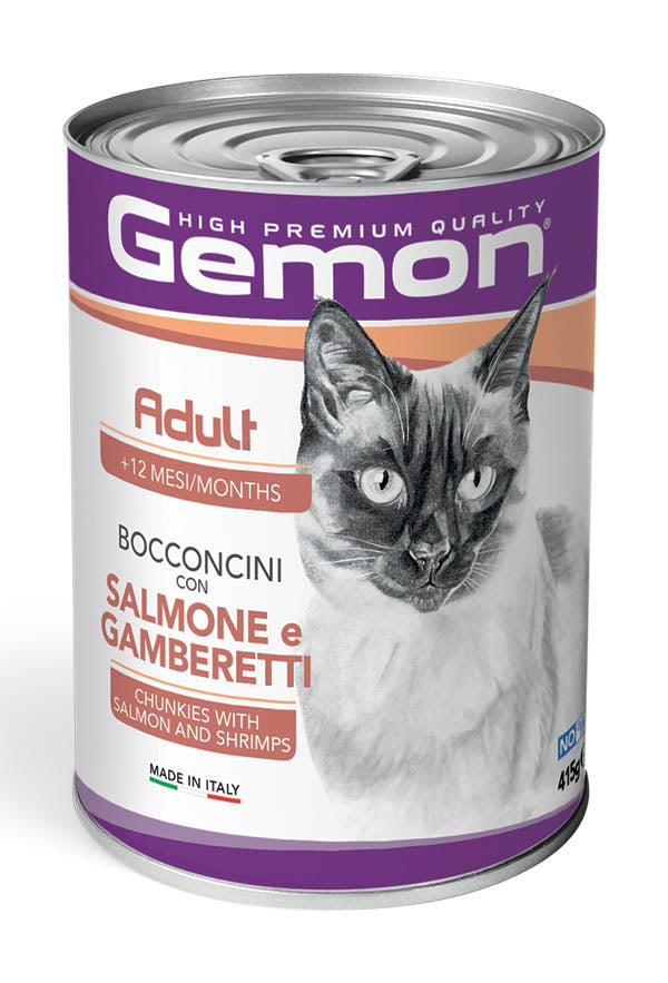 Bocconcini per adulti Gemon con salmone e gamberetti, 415g, alimenti per animali domestici AGRIAPPIA