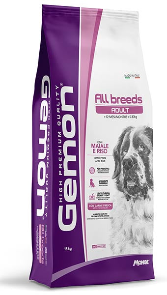 Cibo per cani adult Gemon All Breeds con maiale e riso, confezione da 3 kg, prodotto AGRIAPPIA, in sacchetto con immagine di maiale