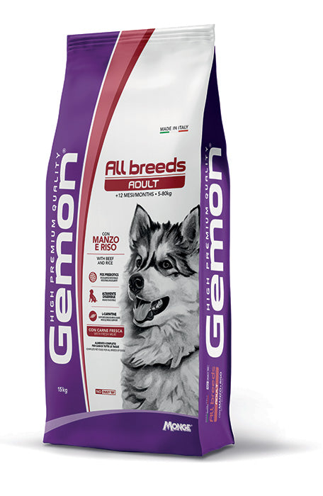 Crocchette Gemon Adult con manzo e riso per cani di tutte le razze, sacco da 15 kg, prodotto AGRIAPPIA.