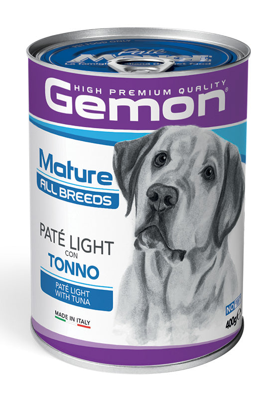 Paté leggero Gemon All Breeds Mature con tonno in scatola da 400g, croccante e gustoso per cani di tutte le razze.