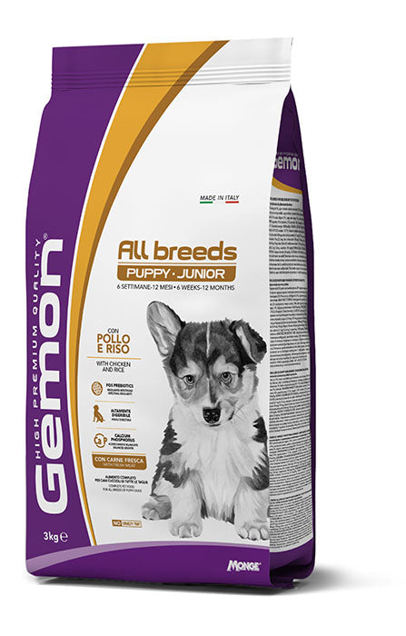 Crocchette Gemon All Breeds Puppy & Junior con pollo e riso, alimentazione per cuccioli e giovani cani, confezione da 3 kg.