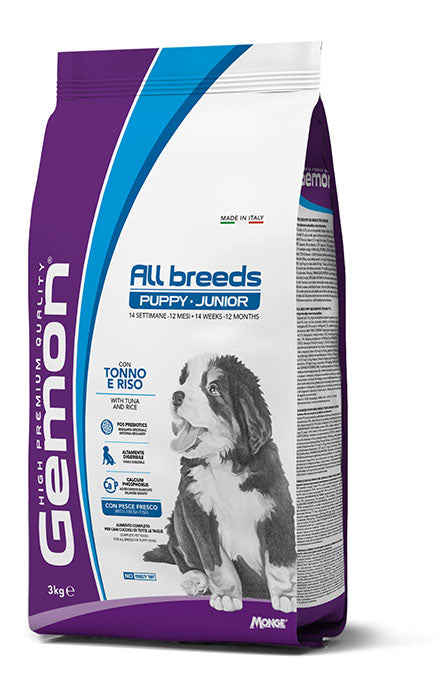 Cibo per cuccioli Gemon All Breeds Puppy e Junior con tonno e riso, confezione da 3 kg, alimento per cani giovani di tutte le razze.