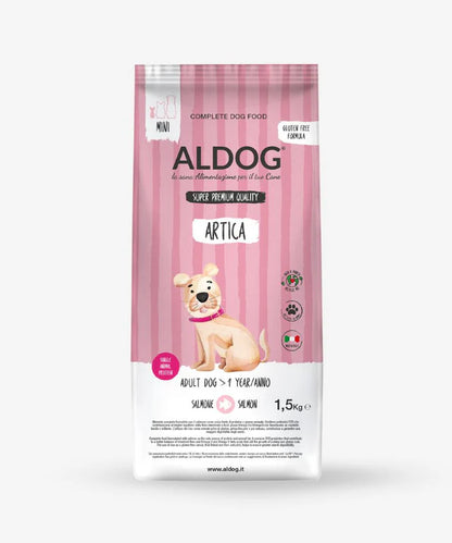 Crocchette per cani di taglia piccola ALDOG ARTICA di AGRIAPPIA, confezione da 1,5 kg, vista frontale della confezione.