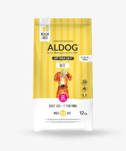 Crocchette per cani Aldog BEEF AgriaPPIA, confezione da 12 kg, frontale della confezione con immagine di crocchette e etichetta.