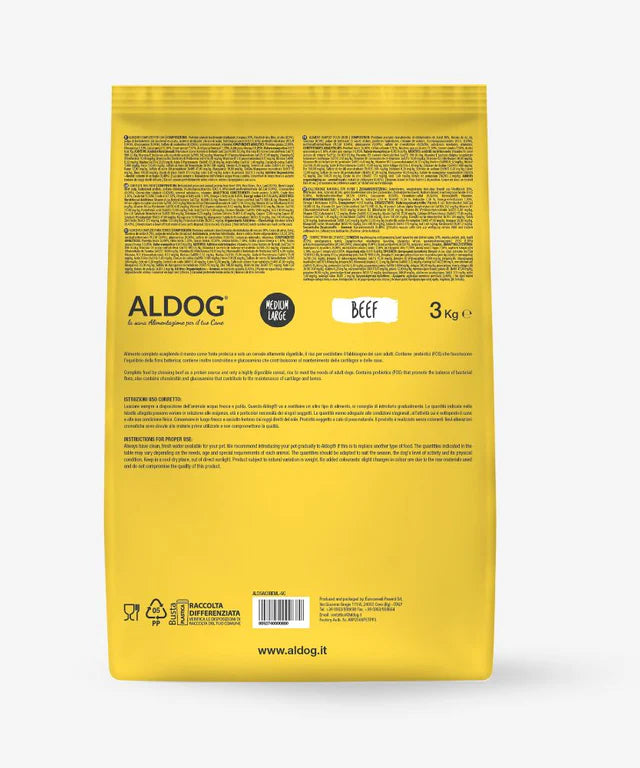 Crocchette per cani ALDOG BEEF AgriaPPIA, medio/grandi, confezione da 3kg, immagine frontale del sacco di crocchette.