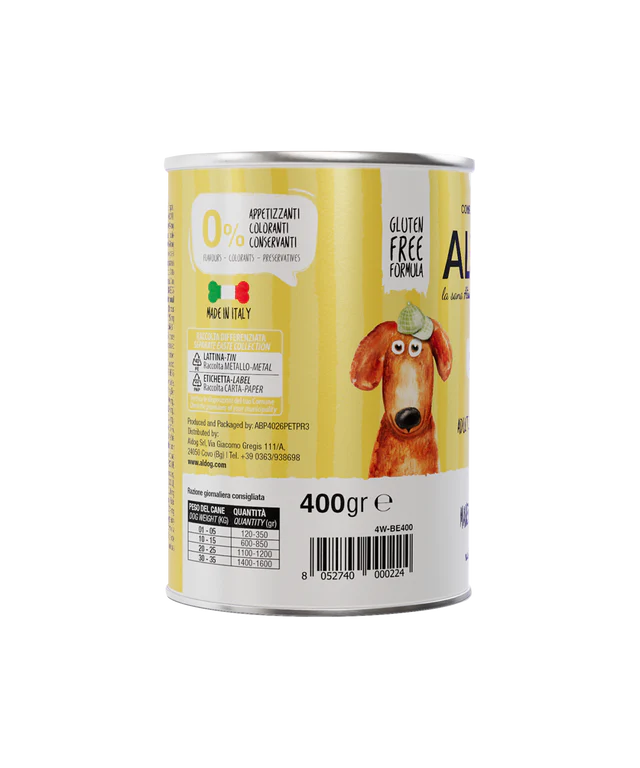 Crocchette umide di manzo per cani AgriaPPIA Aldog Beef in scatola da 400g, con carne di manzo di alta qualità.