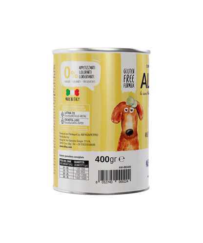 Crocchette umide di manzo per cani AgriaPPIA Aldog Beef in scatola da 400g, con carne di manzo di alta qualità.