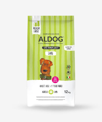 Crocchette ALDOG LAMB AGRIAPPIA per cani medi e grandi, confezione da 12 kg, fronte della confezione con logo e dettagli del prodotto