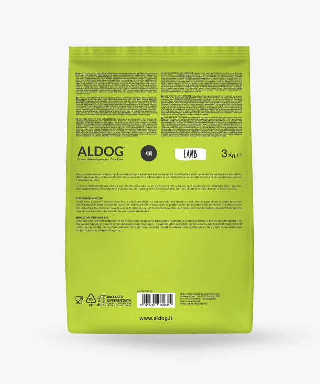 Crocchette ALDOG LAMB AGRIAPPIA per cani medio/grandi, confezione da 3 kg con immagine del sacco sul retro