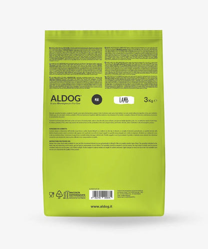 Crocchette ALDOG LAMB AGRIAPPIA per cani medio/grandi, confezione da 3 kg con immagine del sacco sul retro