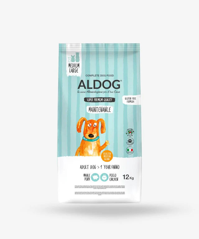 Crocchette ALDOG MAINTENANCE per cani di taglia media/grande di AGRIAPPIA, confezione da 12 kg, fronte della scatola