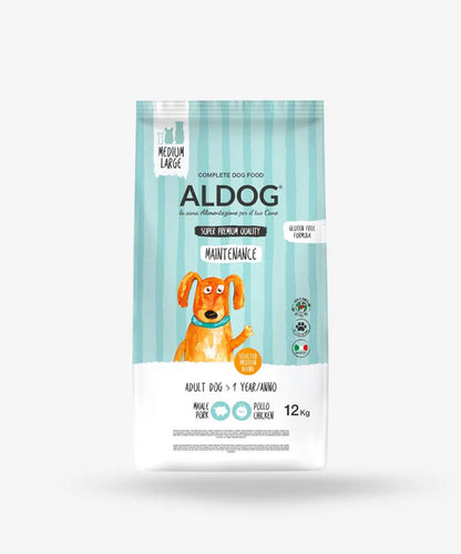 Crocchette ALDOG MAINTENANCE per cani di taglia media/grande di AGRIAPPIA, confezione da 12 kg, fronte della scatola