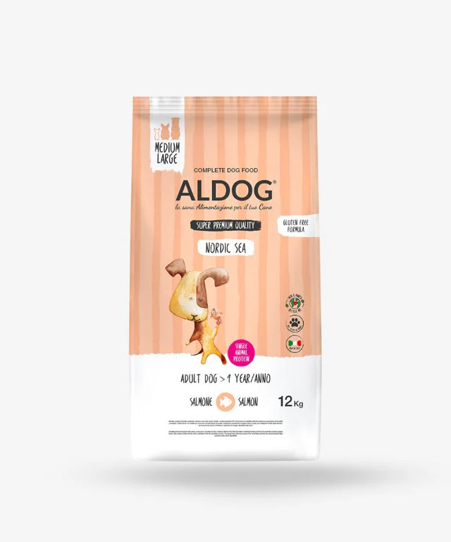 Crocchette ALDOG NORDIC SEA AGRIAPPIA per cani medio/grandi, confezione da 12kg, vista frontale della confezione