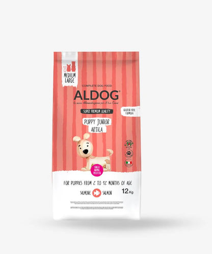 Crocchette ALDOG PUPPY-JUNIOR ARTICA AGRIAPPIA per cuccioli di taglia media e grande, confezione da 12 kg, fronte del sacco.