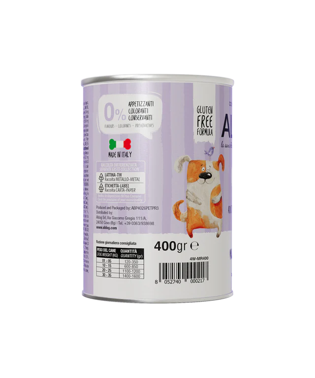 Cibo umido per cani Pate AlDog Pork di AgriAppia, confezione da 400g, con carne di maiale e ingredienti naturali.