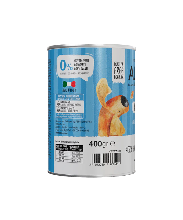 Scatola di cibo umido per cani Aldog White Wave di AgriAppia, 400g, con involtini di carne bianca e ingredienti naturali