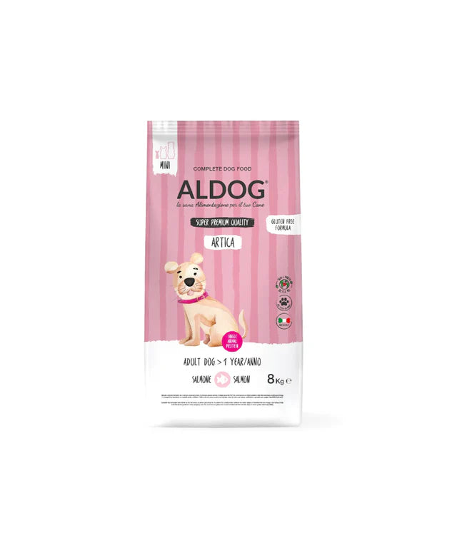 Crocchette per cani di taglia piccola ALDOG ARTICA AGRIAPPIA, confezione da 8kg, con immagine del prodotto in un mockup.