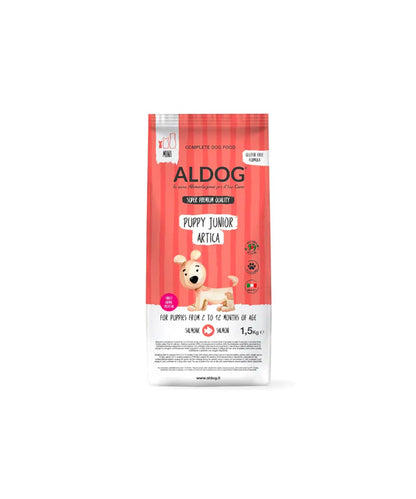 Crocchette per cuccioli ALDOG PUPPY-JUNIOR ARTICA di AGRIAPPIA, confezione da 5 kg, con immagine del sacchetto.