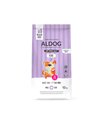 Crocchette medio/grandi per cani Aldog PORK di AGRIAPPIA, sacco da 12kg con immagine del prodotto in confezione.