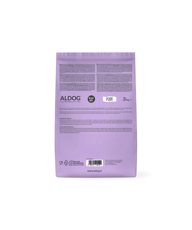 Crocchette per cani ALDOG PORK AGRIAPPIA, confezione da 3kg, mostra crocchette di carne di maiale in sacchetto.