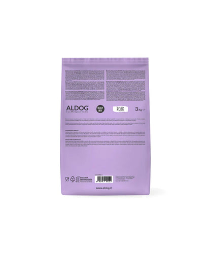 Crocchette per cani ALDOG PORK AGRIAPPIA, confezione da 3kg, mostra crocchette di carne di maiale in sacchetto.