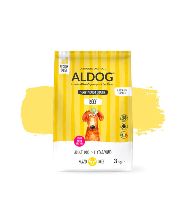 Crocchette per cani ALDOG BEEF AGRIAPPIA, alimento morbido per cani di taglia media e grande, confezione da 3 kg.