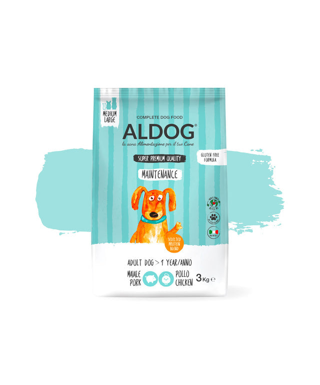 Crocchette ALDOG MAINTENANCE AGRIAPPIA per cani di taglia media/grande, confezione da 3 kg, immagine del prodotto in scatola.