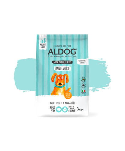 Crocchette ALDOG MAINTENANCE AGRIAPPIA per cani di taglia media/grande, confezione da 3 kg, immagine del prodotto in scatola.
