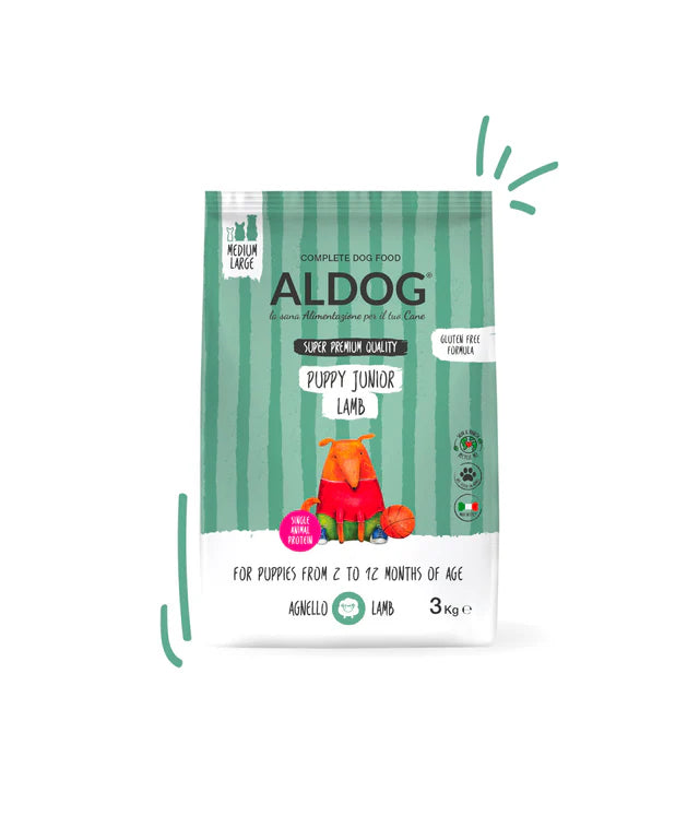 Crocchette per cuccioli di taglia media/grande Aldog Puppy-Junior LAMB di AGRIAPPIA, confezione da 3 kg.