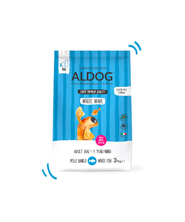 Crocchette per cani mini ALDOG WHITE WAVE di AGRIAPPIA, scatola da 3 kg con confezione bianca e design ondulato.