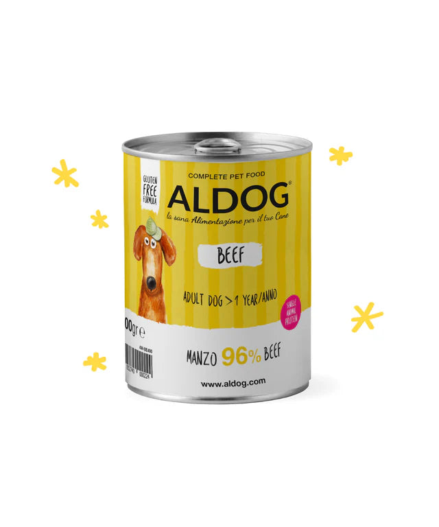 Paté di manzo AlDog AgriaPpia in confezione da 400g, visibile in questa immagine, ideale per cani.