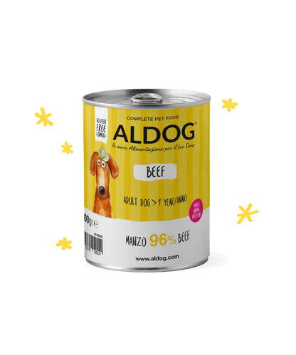 Paté di manzo AlDog AgriaPpia in confezione da 400g, visibile in questa immagine, ideale per cani.