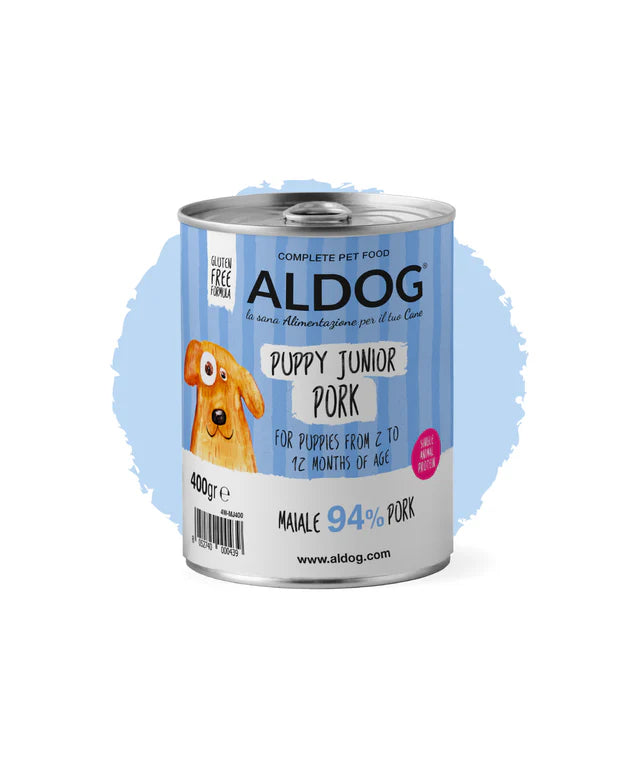 Crocchette umide per cuccioli di maiale PATE ALDOG JUNIOR PORK di AGRIAPPIA, confezione da 400g