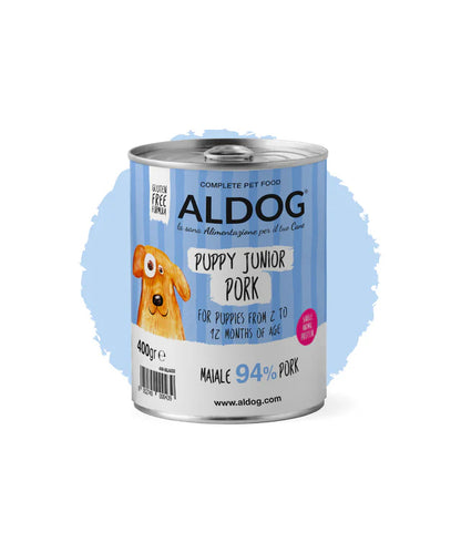 Crocchette umide per cuccioli di maiale PATE ALDOG JUNIOR PORK di AGRIAPPIA, confezione da 400g