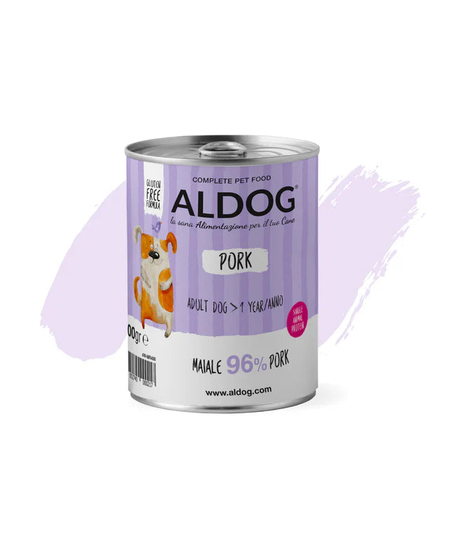 Paté di maiale Aldog di AgriAppia, vasetto da 400g con paté umido di carne di maiale, visibile nel mockup del prodotto.