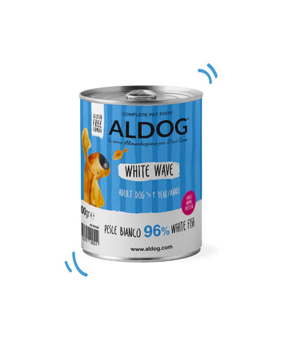 Pate per cani Aldog White Wave di AgriAppia, umido, confezione da 400g, con immagine del prodotto in scatola bianca con onde.