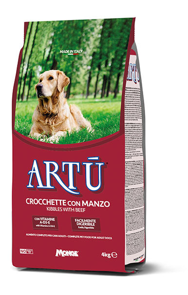 Crocchette Artù con manzo per cani, prodotto AGRIAPPIA, visibile in un sacchetto di cibo secco per animali.