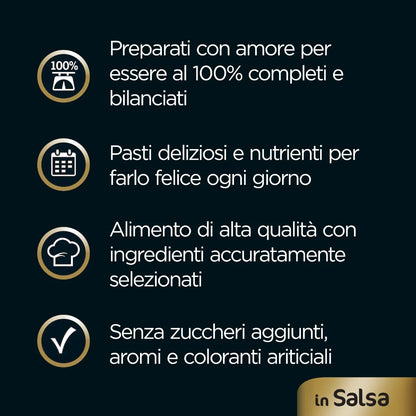 Buste di cibo umido per cani Cesar in salsa, multipack da 4x100g, confezione con porzioni in sacchetti di plastica.